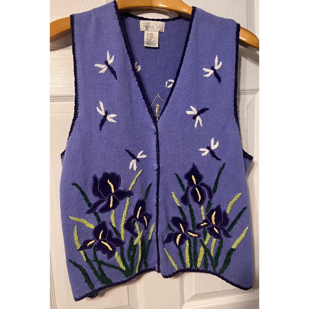 Mandal Bay Vintage Purple Knit Vest Embroidered Iris Dragonfly XL V-Neck